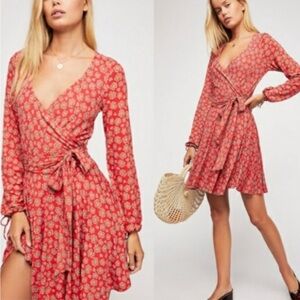 Free People Red Floral Long Sleeve Dress